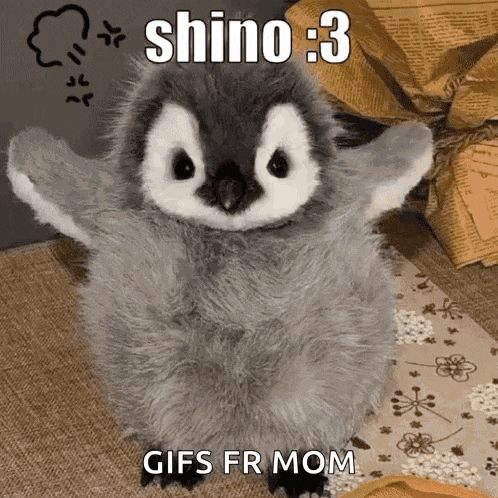 a stuffed penguin is sitting on a table with its arms outstretched and says shino 3 gifs fr mom