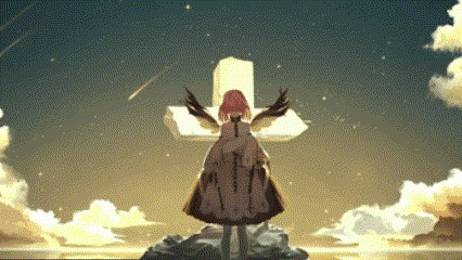 a girl with red hair is standing in front of a cross with wings .