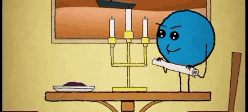 a cartoon of a blue ball sitting at a table