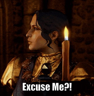 a woman holding a lit candle with the words " excuse me " below her