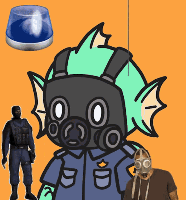 a cartoon of a fish wearing a gas mask next to a police officer and a blue light