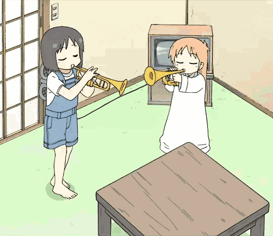 a cartoon of a girl playing a trumpet next to a table