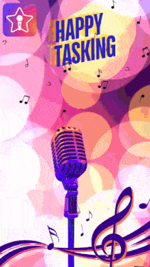 a poster with a microphone and the words happy tasking in blue