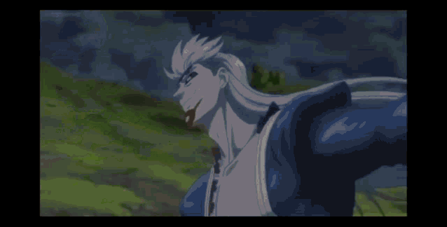 a man with long white hair and a blue shirt is standing in a field with another man .