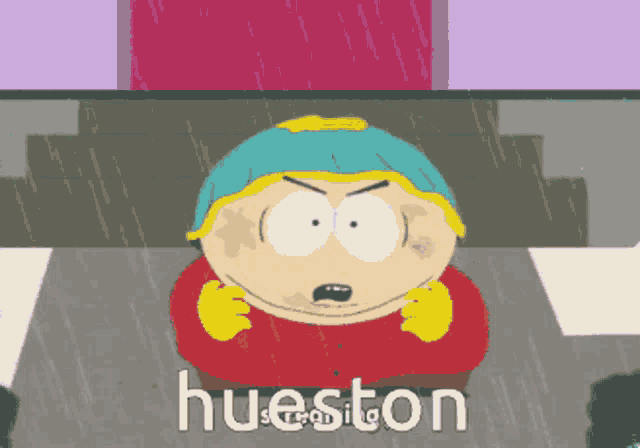 a cartoon character from south park is standing in the rain