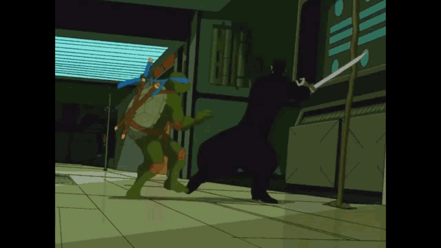 two teenage mutant ninja turtles are fighting each other
