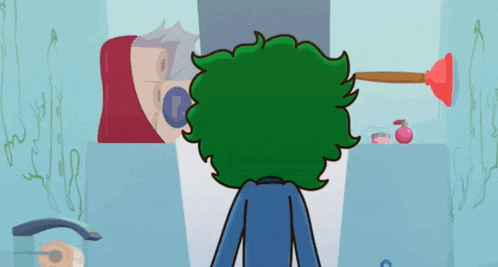 a cartoon character with green hair is sitting on a toilet with a plunger in the background