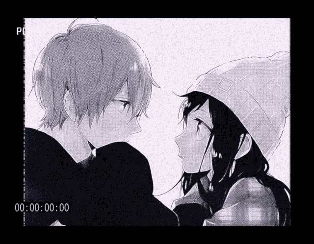 a black and white drawing of a boy and a girl with the time 00 00 00 00 on the bottom right