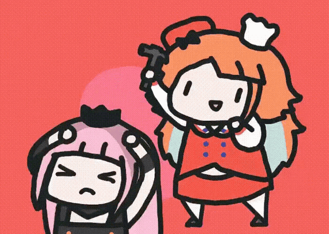 a cartoon of a girl holding a gun next to another girl with a sad face