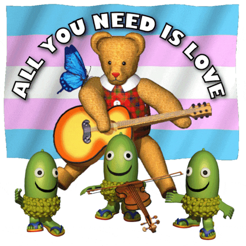 a teddy bear playing a guitar with the words " all you need is love " above him