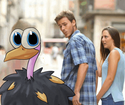a man and a woman are walking down a street with a cartoon ostrich in the foreground