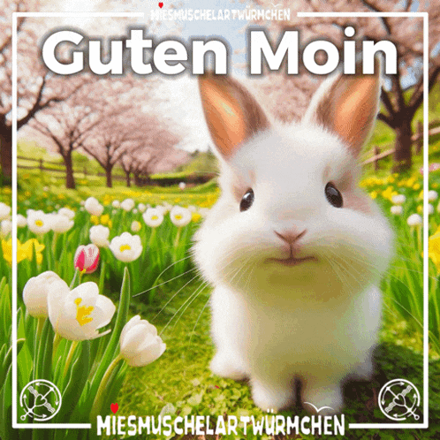 a picture of a rabbit with the words guten moin written on it
