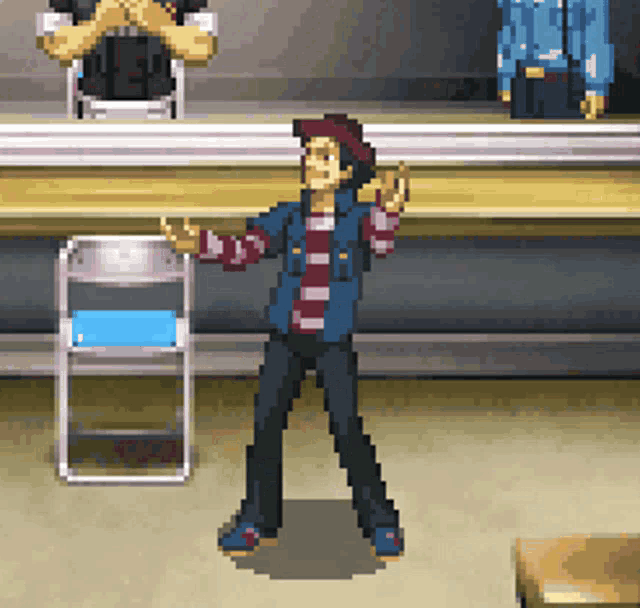 a pixel art drawing of a man standing in front of a chair