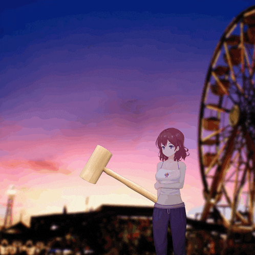 a girl is holding a wooden hammer in front of an ferris wheel
