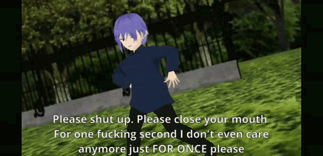 a cartoon character with purple hair is standing in front of a fence and says please shut up