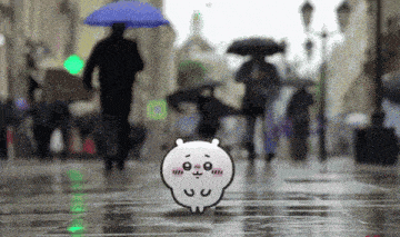 a cartoon character is walking down a street in the rain with an umbrella