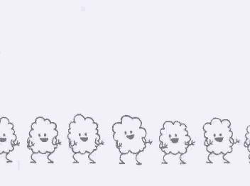 a drawing of a row of clouds with arms and legs .