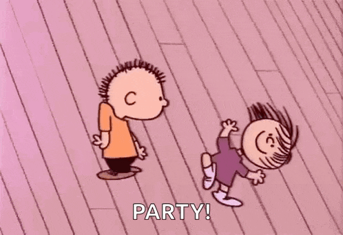 a cartoon of a boy and a girl laying on a wooden floor with the words `` party '' written on the bottom .