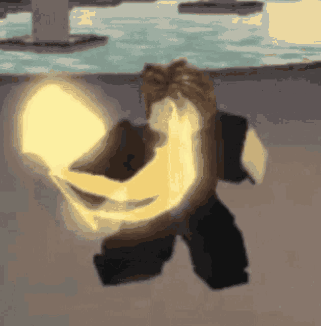 a person in a video game is holding a yellow object .