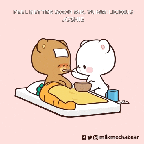 a cartoon of a teddy bear laying in bed with a bandage on his forehead and the words feel better soon mr.