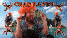 a man wearing an orange wig is talking on a cell phone in front of a crab rave advertisement