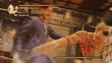 a video game is being played where a man is fighting another man and the word punneling bat is on the screen