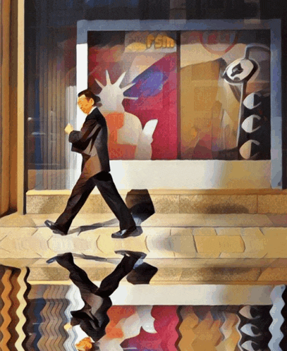 a painting of a man walking in front of a window that says fsl on it