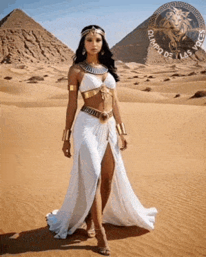 a woman in a white dress is standing in front of a pyramid