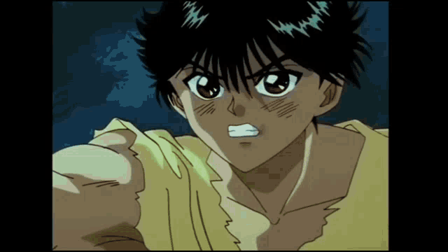 a close up of a cartoon character with a yellow shirt and black hair