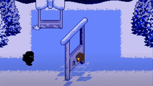 a pixel art scene of a snowy area with a staircase