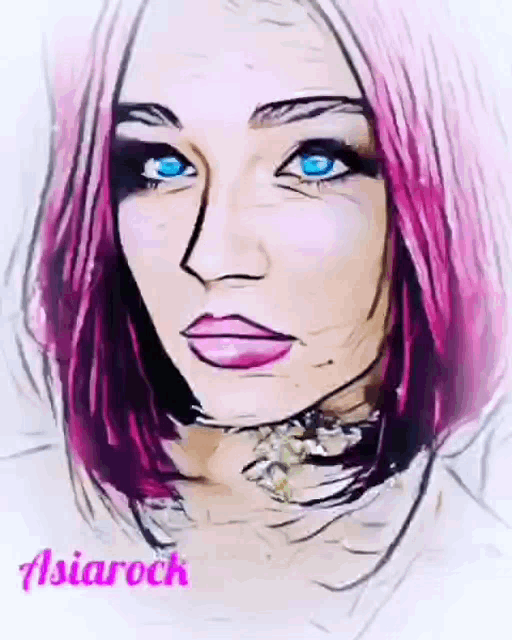 a drawing of a woman with pink hair and blue eyes with the name asiarock on the bottom