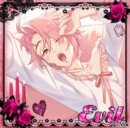 a picture of a girl yawning with the name evil written in pink