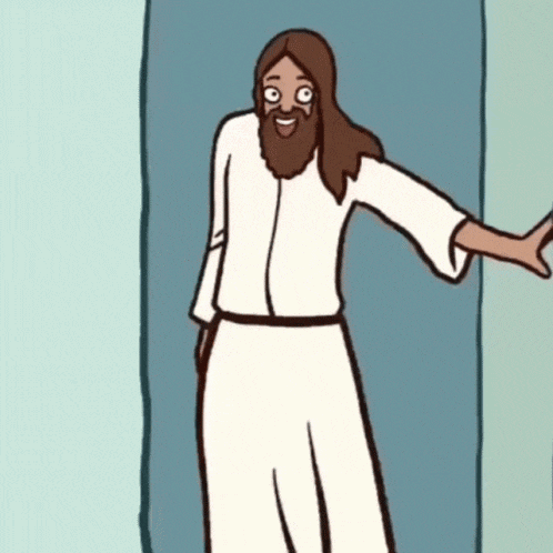 a cartoon of jesus with long hair and a beard standing in front of a door