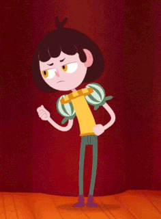 a cartoon character is standing in front of a red curtain with his fist up