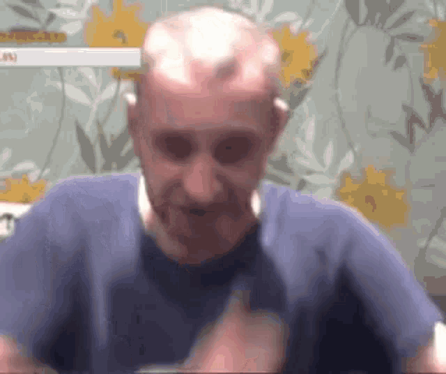 a man in a blue shirt is sitting in front of a wall with flowers .