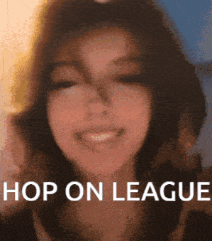 a close up of a woman with the words hop on league written below her