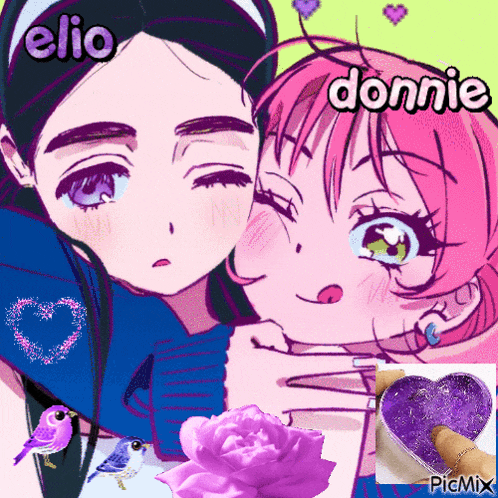 a picture of two anime girls with elio and donnie written on the bottom
