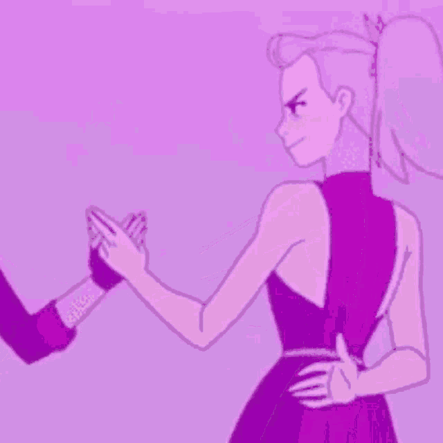 a couple of cartoon characters are dancing together on a purple background . one of the characters is wearing a purple dress .