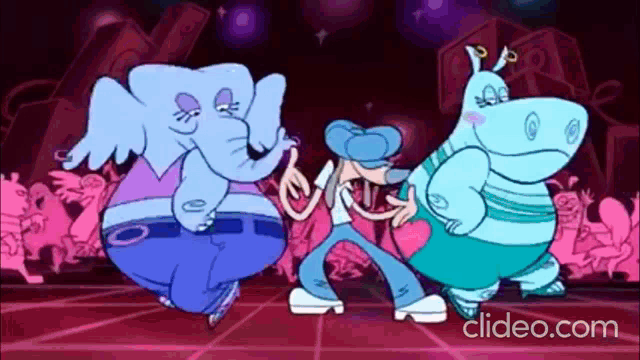 a cartoon elephant and a hippo are dancing together in a club .