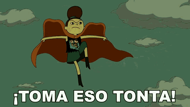 a cartoon of a woman flying in the air with the words toma eso tonta