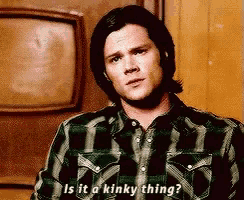 a man in a plaid shirt is asking is it a kinky thing ?