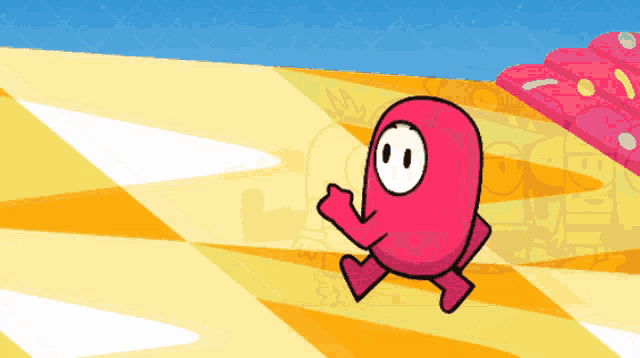 a red cartoon character is running on a yellow and blue striped surface