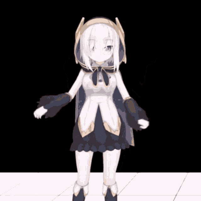 a girl with white hair and blue eyes is wearing a black cape
