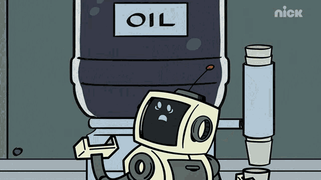 a cartoon robot is standing in front of a container that says oil on it