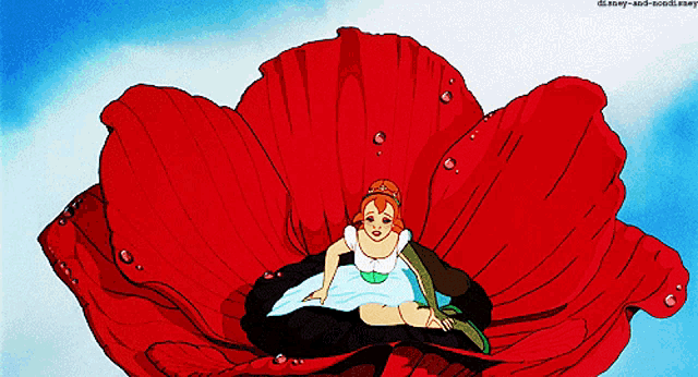 a cartoon of a fairy sitting on a large red flower