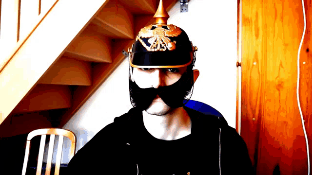 a man wearing a helmet with an eagle on it and a black mustache