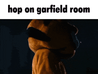 a picture of a stuffed animal with the words hop on garfield room above it