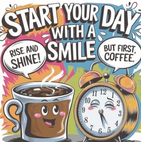 a cartoon illustration of a cup of coffee and an alarm clock that says `` start your day with a smile '' .