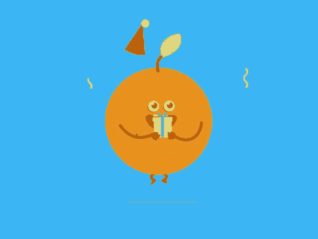 a cartoon pear wearing a party hat and holding a gift box