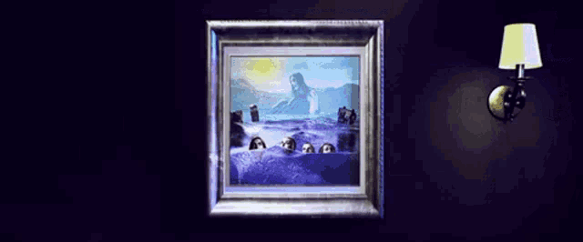 a framed painting of a man and woman in a lake